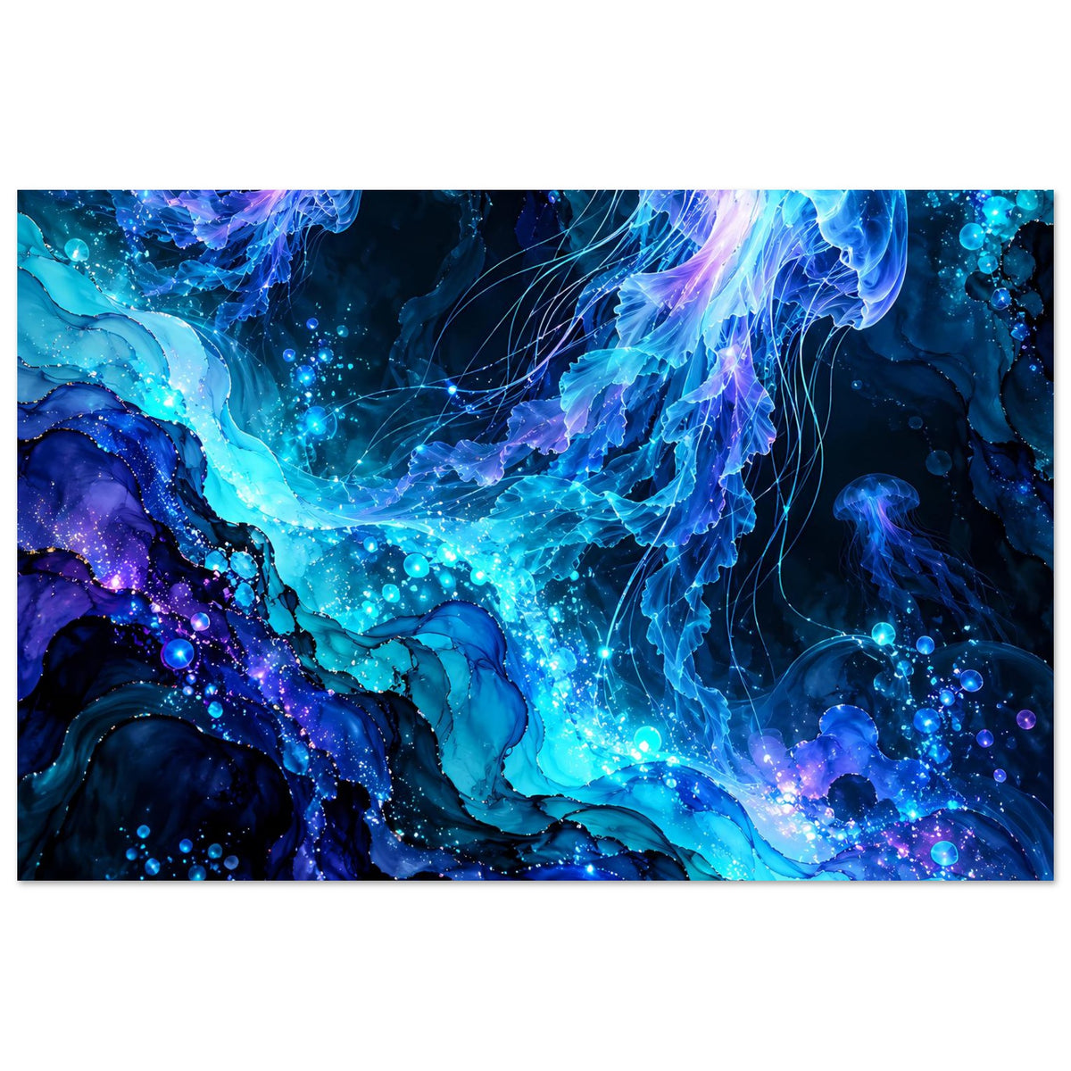 Leuchtendes Quallen-Poster im Querformat mit intensiven Blau-Violett-Tönen und glühenden Strukturen