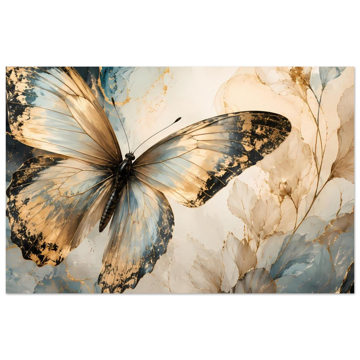 Schmetterlingskunstposter im Querformat mit blau-goldenen Flügeln und beigen Blumen