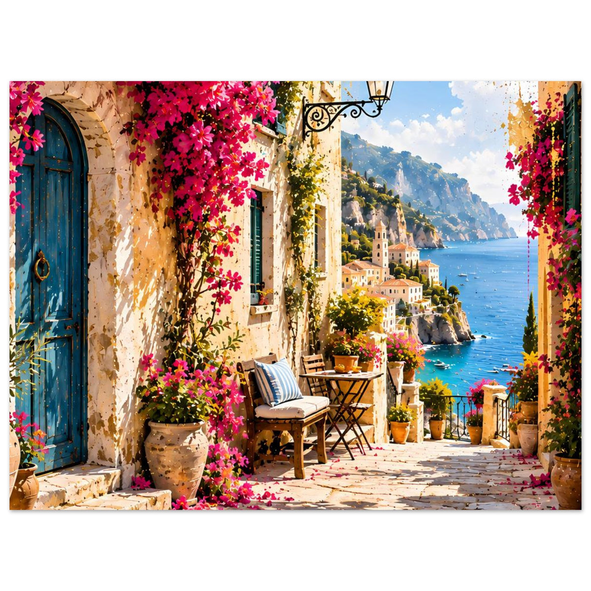 Mediterranes Küstenmotiv-Poster mit blühender Rebenwand, Bank und Blick auf das Meer