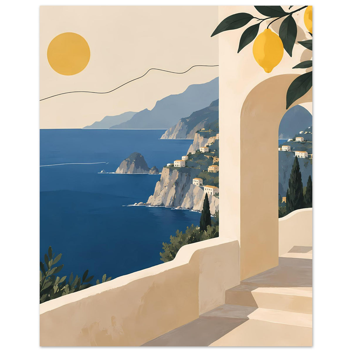 Mediterranes Landschaftsposter: offene Terrasse mit Meerblick, Zitronen und Küstenklippen