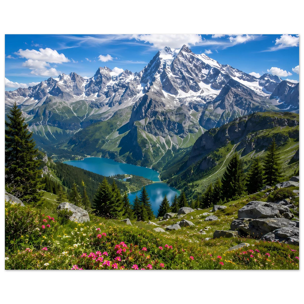 Landschaftsposter: Alpengebirge mit See im Tal, grünen Hängen und blühenden Blumen