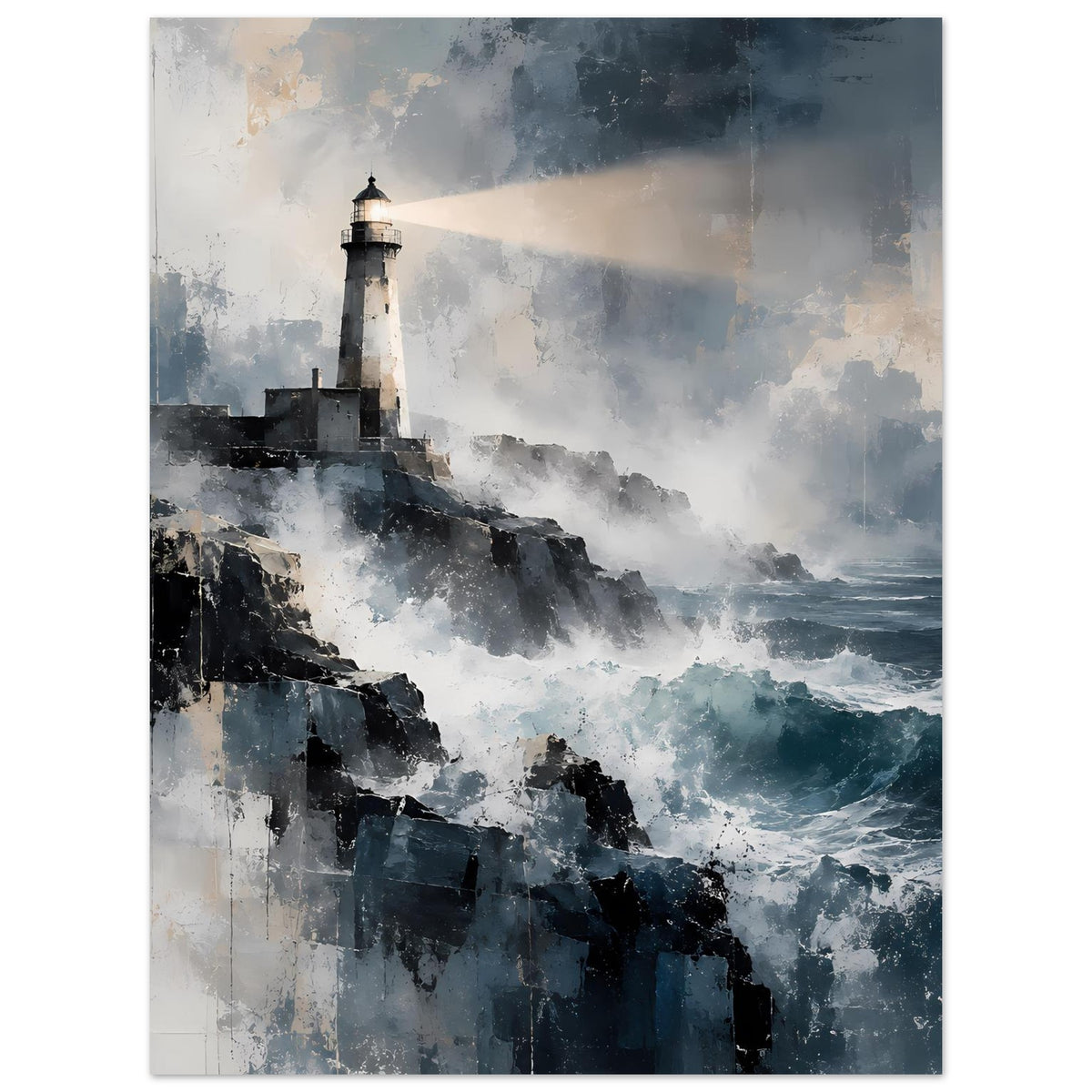 Hochformatiges Poster mit weißem Leuchtturm, felsiger Küste und türkis-blauem Meer