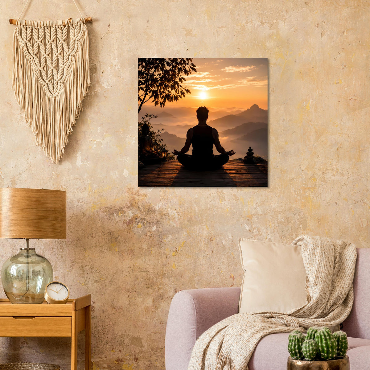 Gerahmtes Meditationsposter mit Sonnenuntergang und Meditationsfigur im Lotussitz