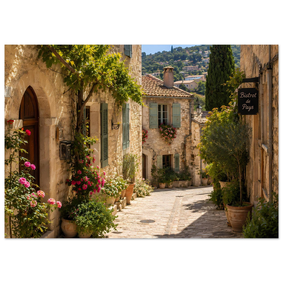Querformat-Poster: mediterrane Gasse mit Natursteinfassaden, Blumen und Zypressen