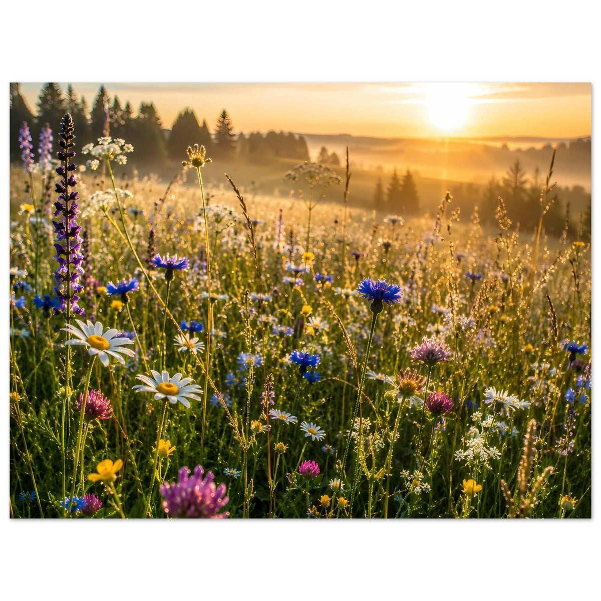 Blumenwiesenposter im Querformat mit Sonnenaufgang, Wildblumen und Nebel