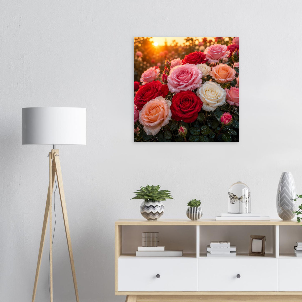 Quadratisches Rosenblüten-Poster mit roten, rosa- und cremefarbenen Blüten im schwarzen Rahmen.