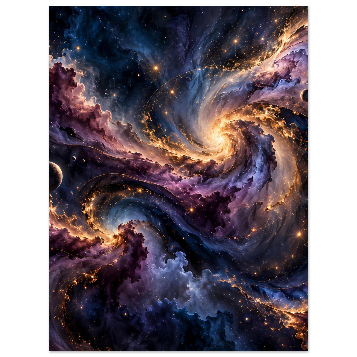 Vertikales Weltraum-Poster: leuchtender Spiralnebel mit violetten Nebelfeldern und Sternenkranz.