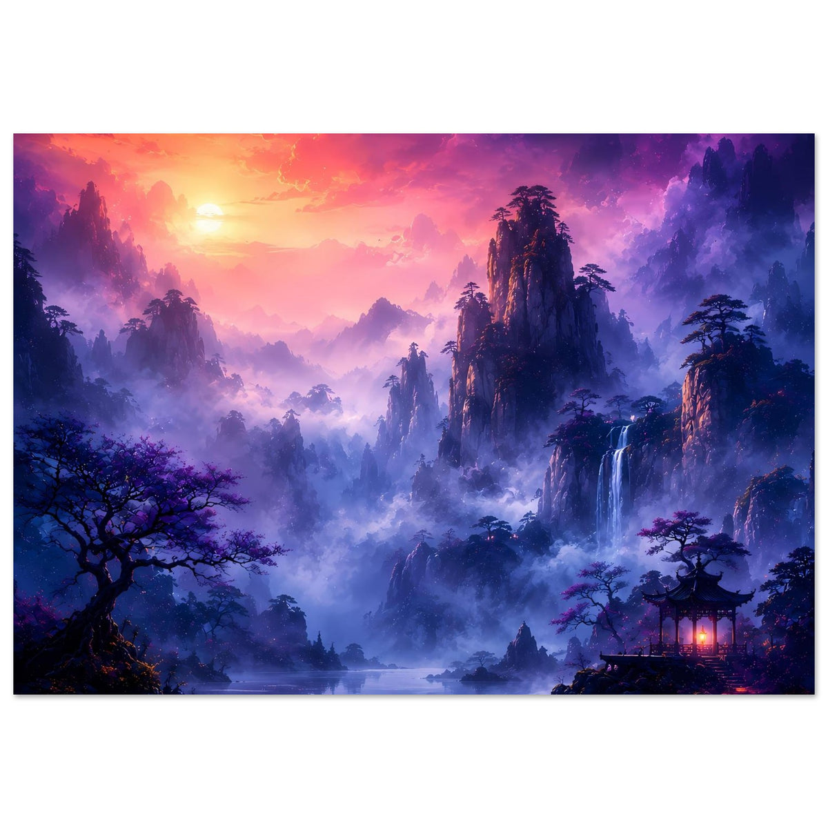 Fantasy-Poster im Rahmen mit Nebelbergen, ruhigem See und Wasserfall