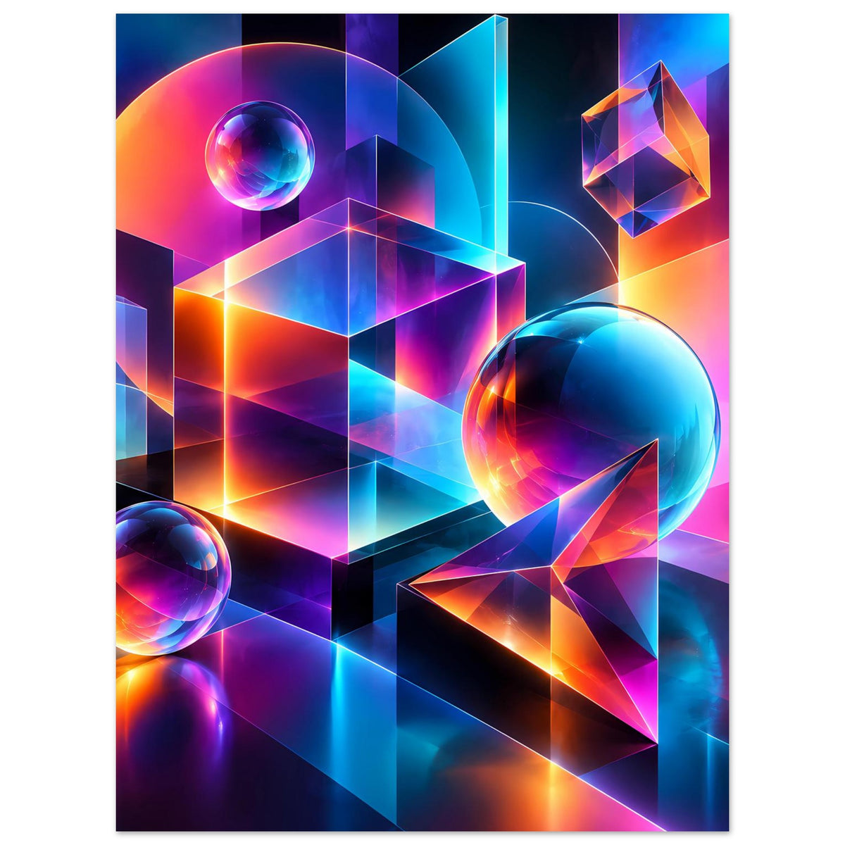 Neon-Geometrieposter mit geometrischen Formen, Glaskugeln und kontrastreichen Neonlinien