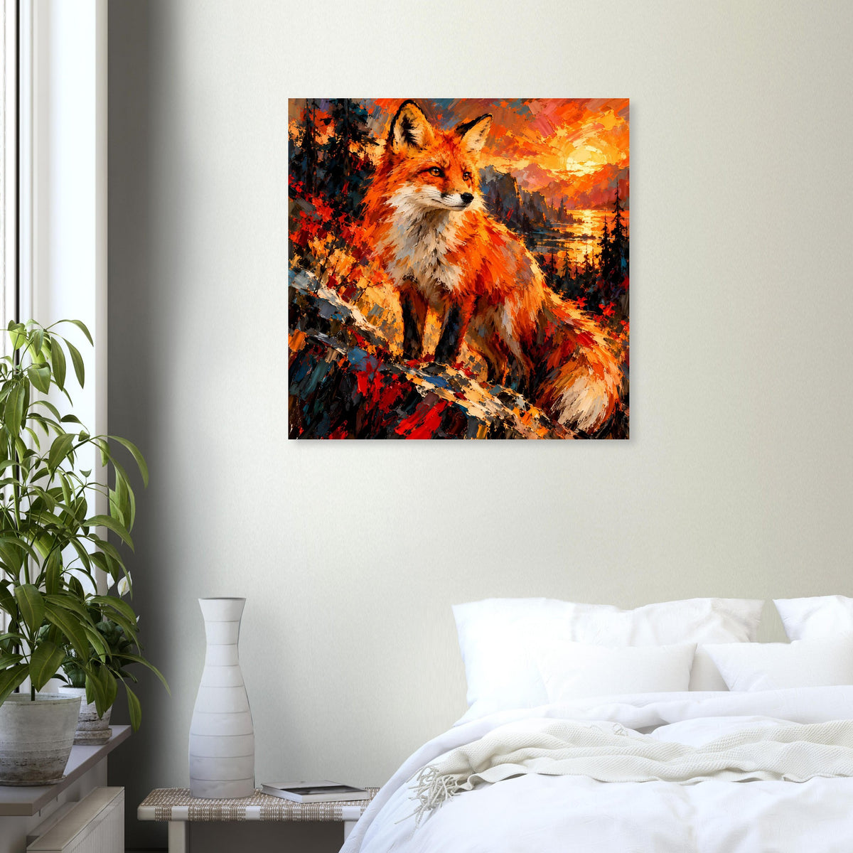 Poster mit Fuchs-Porträt, orange-rote Farbexplosion vor dunklem Hintergrund