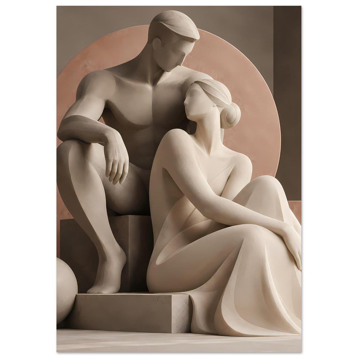 Kunstposter: Liebespaar-Skulptur, über Knie gelegte Hand, cremeweiße Figur im Kreis