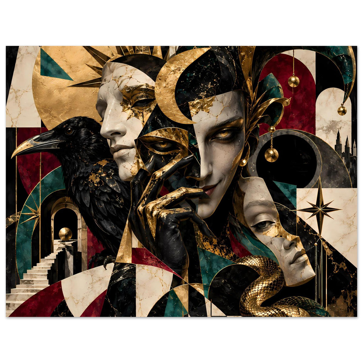 Kunstposter mit maskierten Gesichtern, goldenem Schmuckelement und dunklem Hintergrundlook