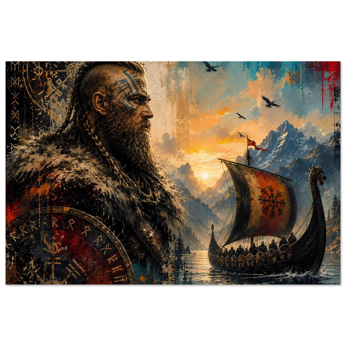 Nordisches Saga-Poster mit Wikingerkriegerblick und Langschiff, Details in Braun, Blau und Orange