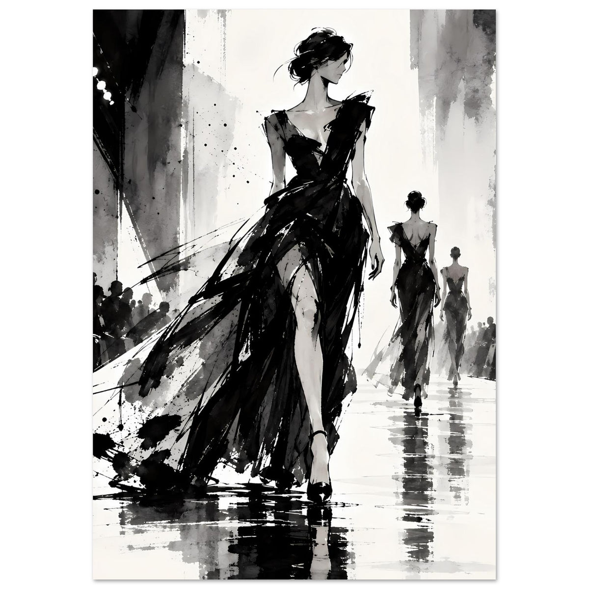 Poster mit Schwarz-Weiß-Fashion-Illustration: Nahansicht der Frau im Kleid, weitere Figuren im Hintergrund