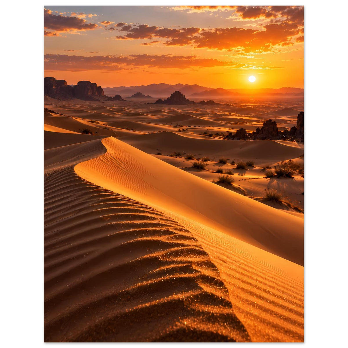 Hochformatiges Poster der Wüste mit langem Dünenkamm im Sonnenuntergang