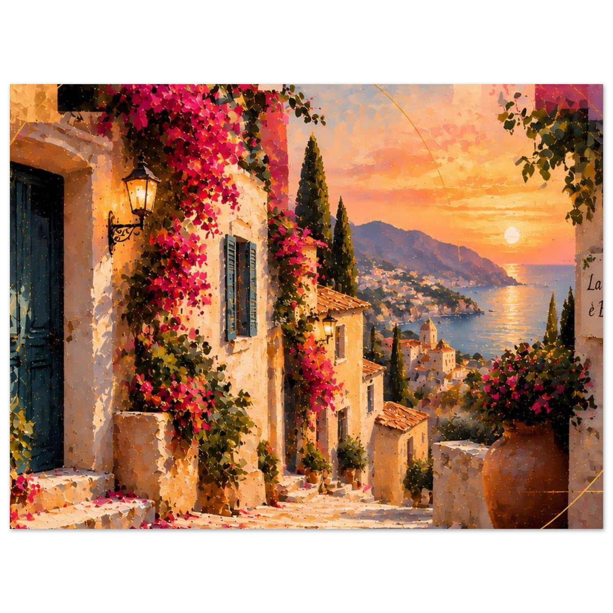 Mediterranes Sonnenuntergangs-Poster mit blühender Gasse, Laterne und Meerblick, horizontal