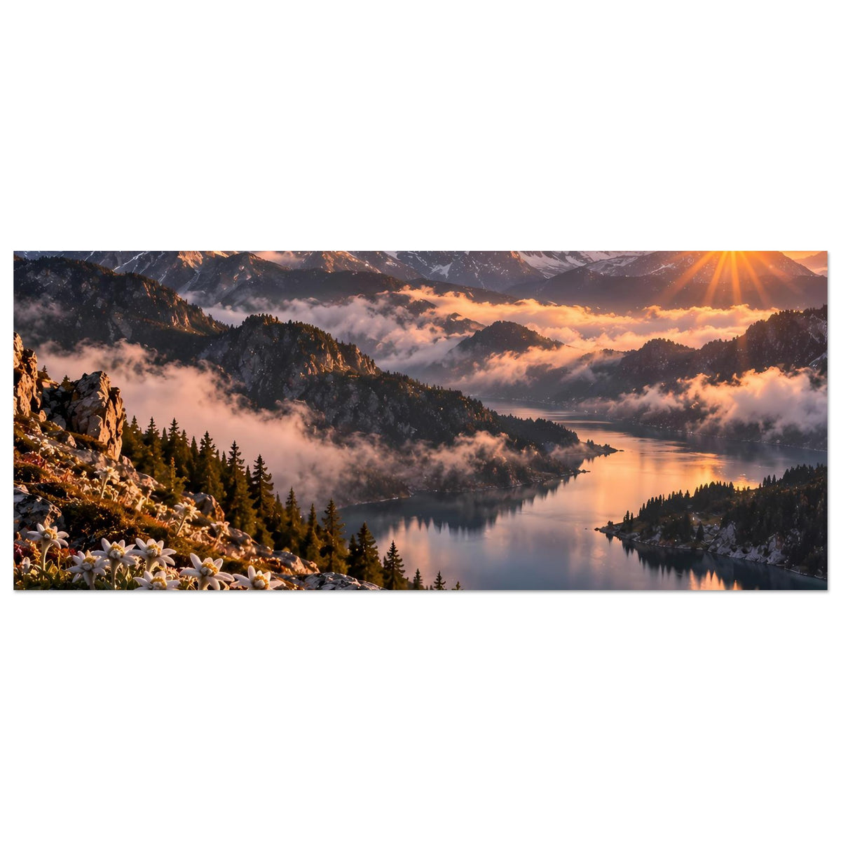 Querformat-Poster mit Alpenlandschaft, Bergsee und Blüten auf steinigem Hang