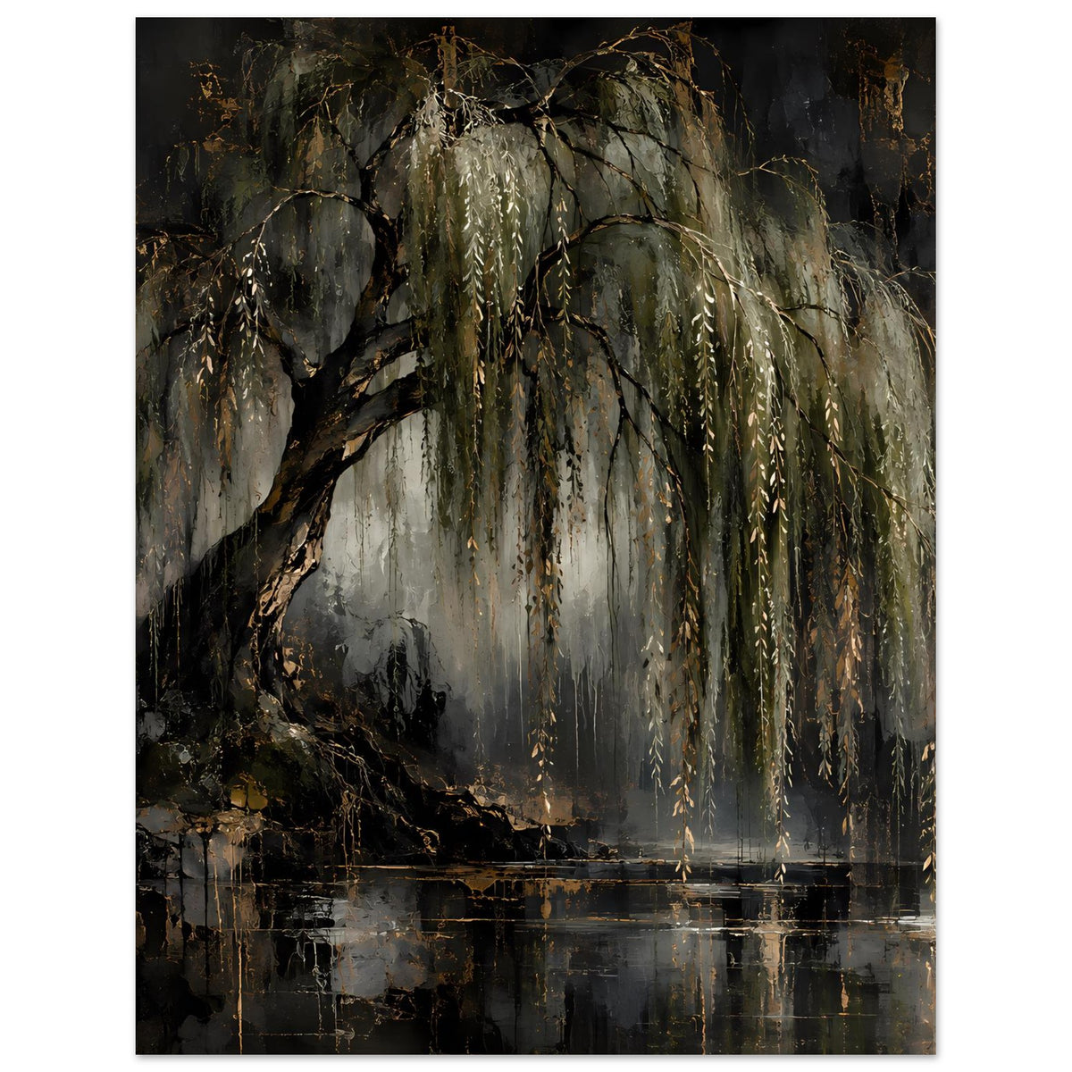 Naturposter im Hochformat: Trauerweide mit gold schimmernden Zweigen und Wasserfläche