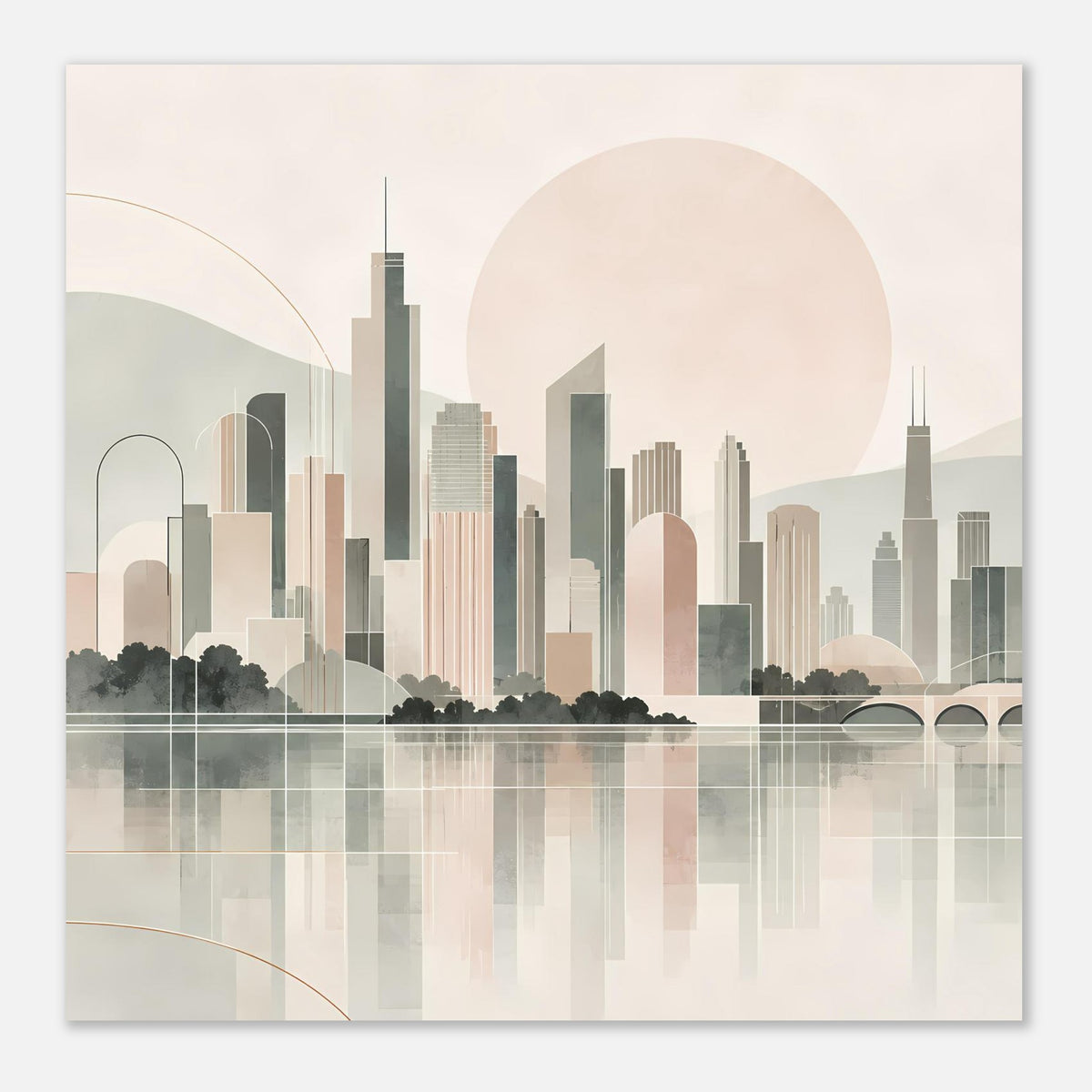 Vertikales Stadtposter, großflächige Skyline in Pastellfarben mit Spiegelung und rundem Mond