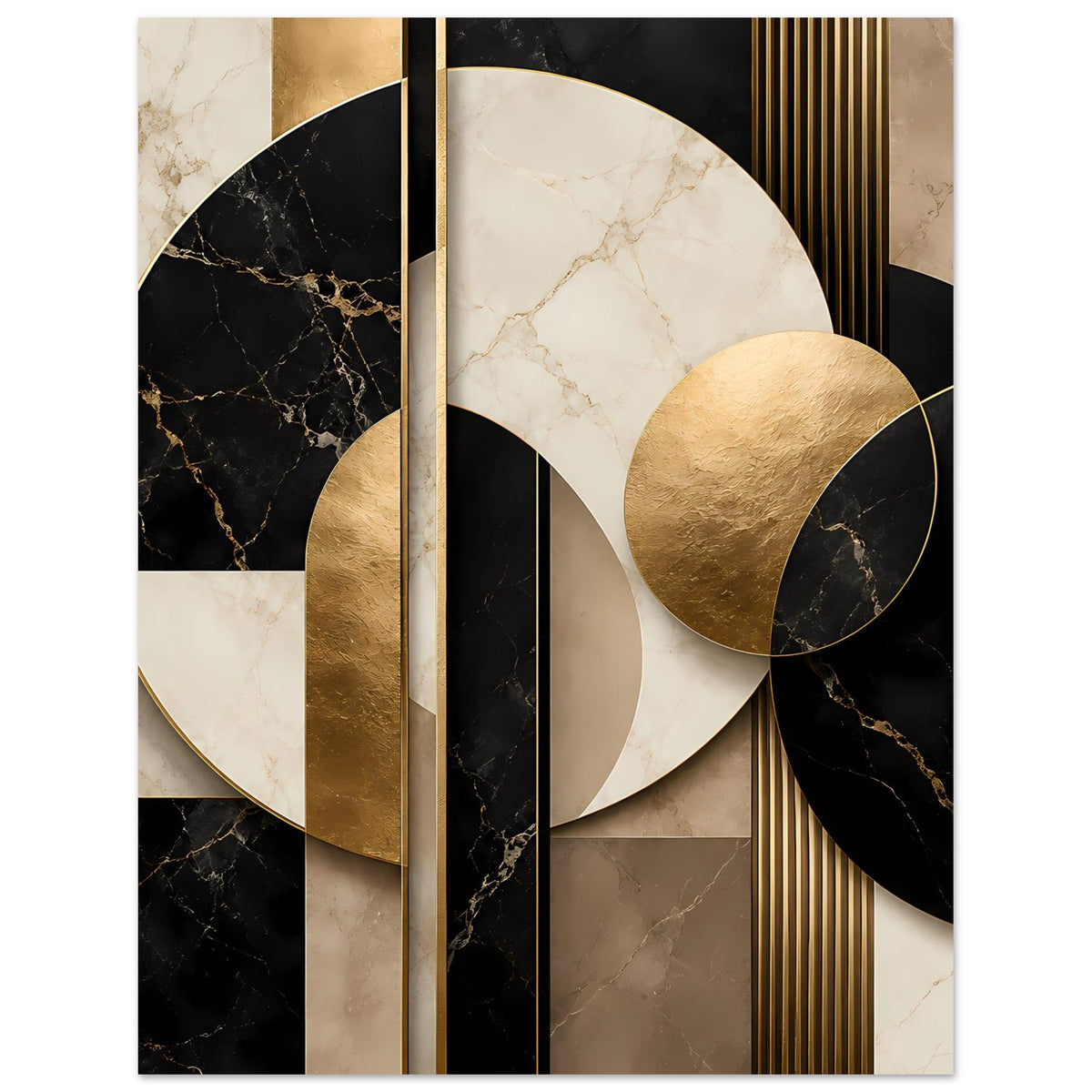 Poster mit marmoriertem Kreisdesign in Creme, Schwarz und Gold, mit senkrechtem Streifen