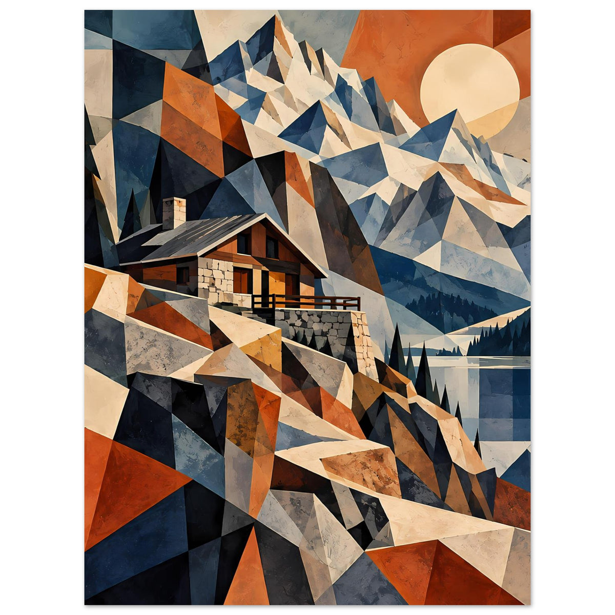 Poster mit geometrischer Berglandschaft: Haus zwischen Bergen, Dreiecksformen in Blau und Erdtönen