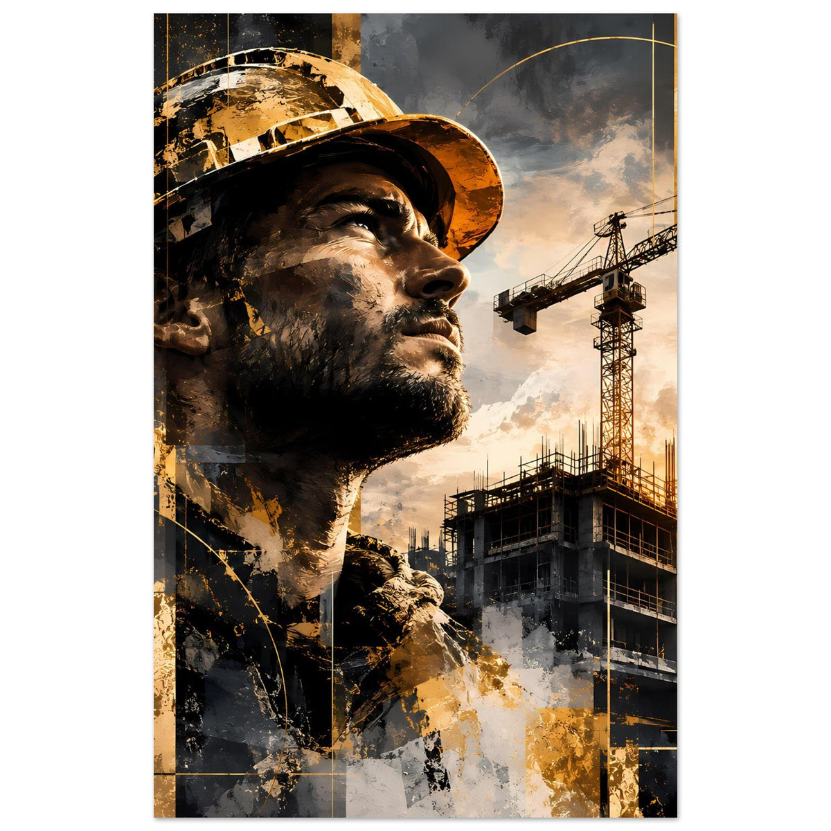 Poster, Bauarbeiterkopf mit Helm und Hut, Baustellenkräne im Hintergrund, Gold-Grau