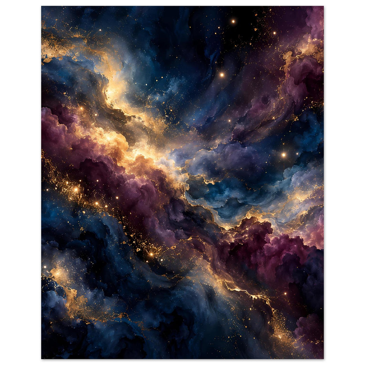 Vertikales Kunstposter mit Galaxie: blaue und violette Wolkennebel, goldene Strahlen, Sterne