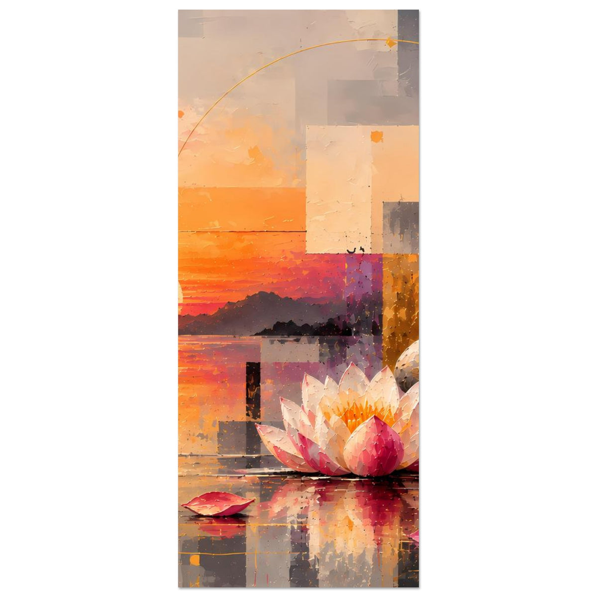 Vertikales Zen-Poster mit Lotusblüte, Steinstapel und Sonnenuntergang im abstrakten Design