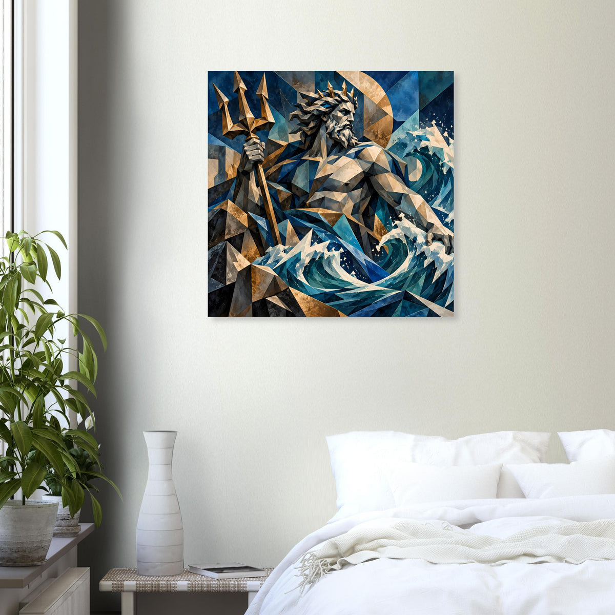 Quadratisches Poster mit Poseidon-Motiv: blaues Meer, goldene Dreiecke, leuchtender Kreis