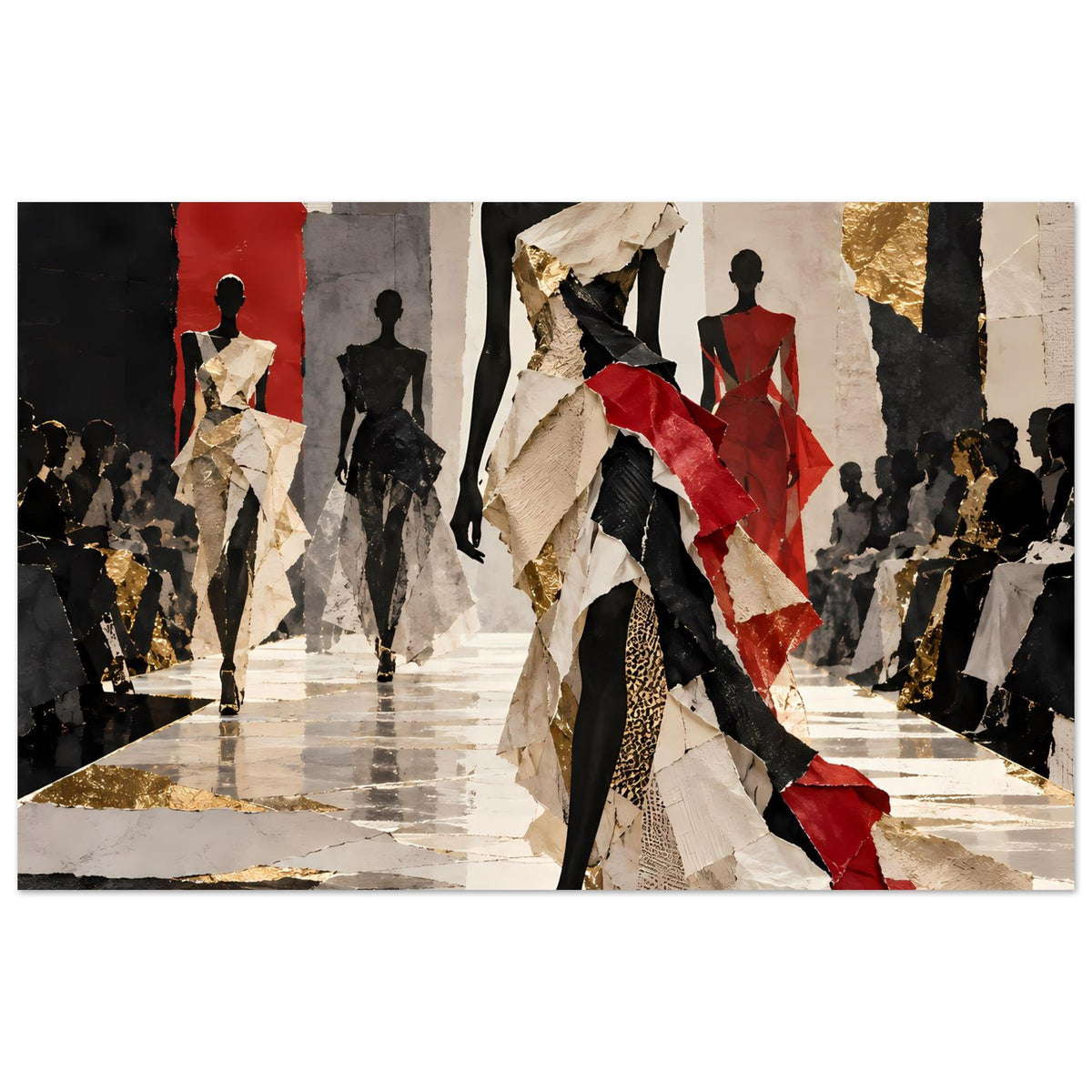 Breites Modeposter mit Models am Laufsteg, Schwarz-Rot-Gold, dramatische Kleidformen
