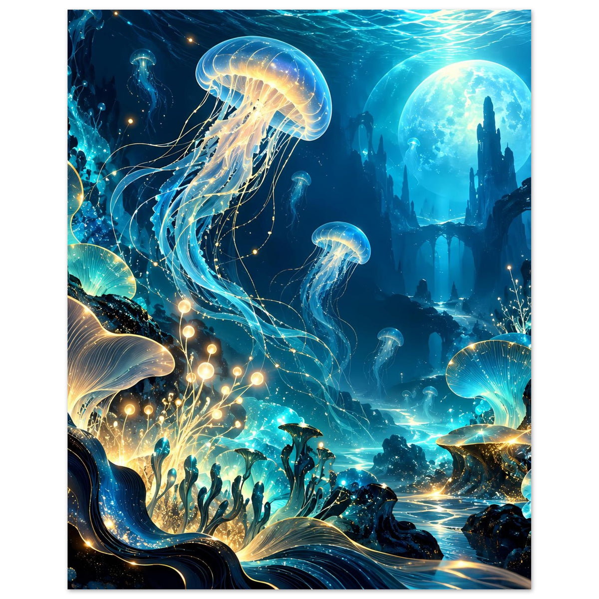 Unterwasserwelt-Poster mit Quallen und Unterwasserpflanzen, goldene Funken und türkisfarbene Tiefe
