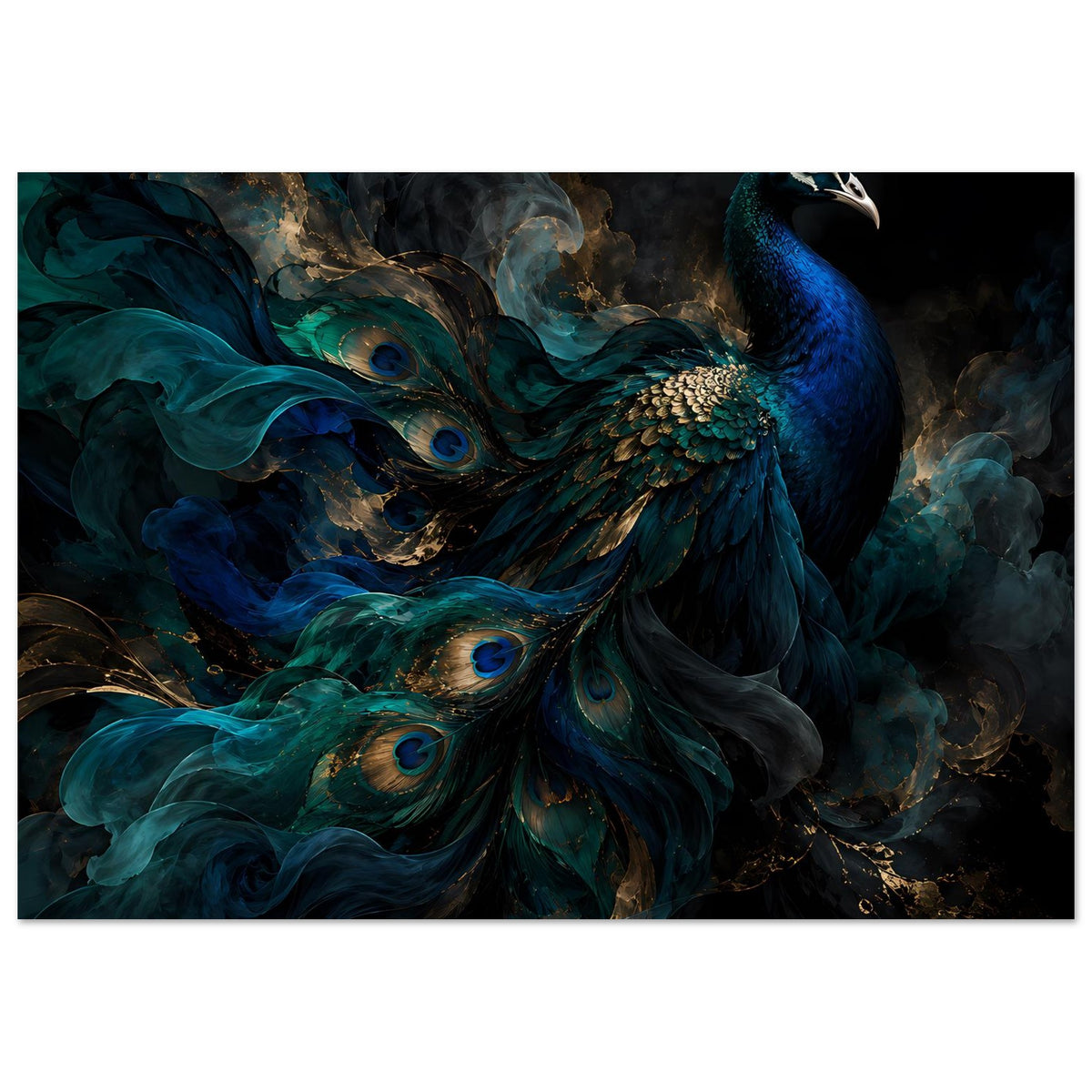 Pfauen-Kunstposter mit blau-grünen Federornamenten, Pfau im Profil und Schmucktönen, horizontal