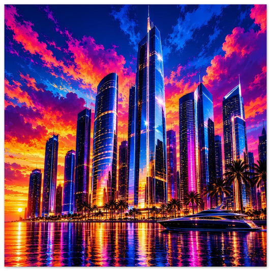 Stadt-Skyline-Poster mit leuchtenden Wolkenkratzern, Sonnenuntergang und spiegelndem Wasser