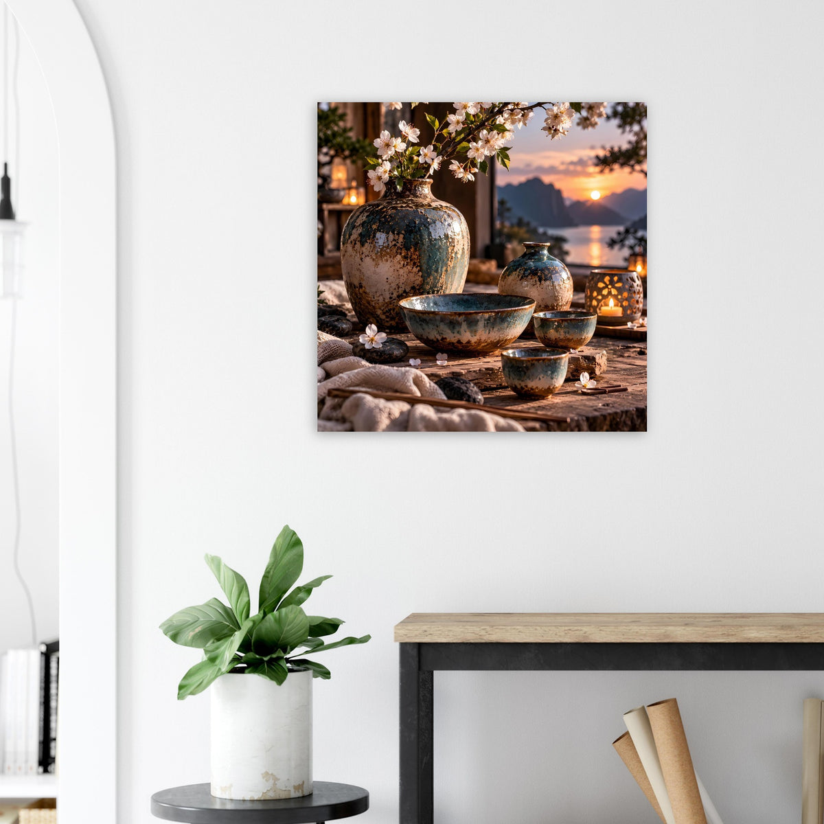 Poster an der Wand mit blau-grauer Keramikvase, Schalen und Kirschblüten