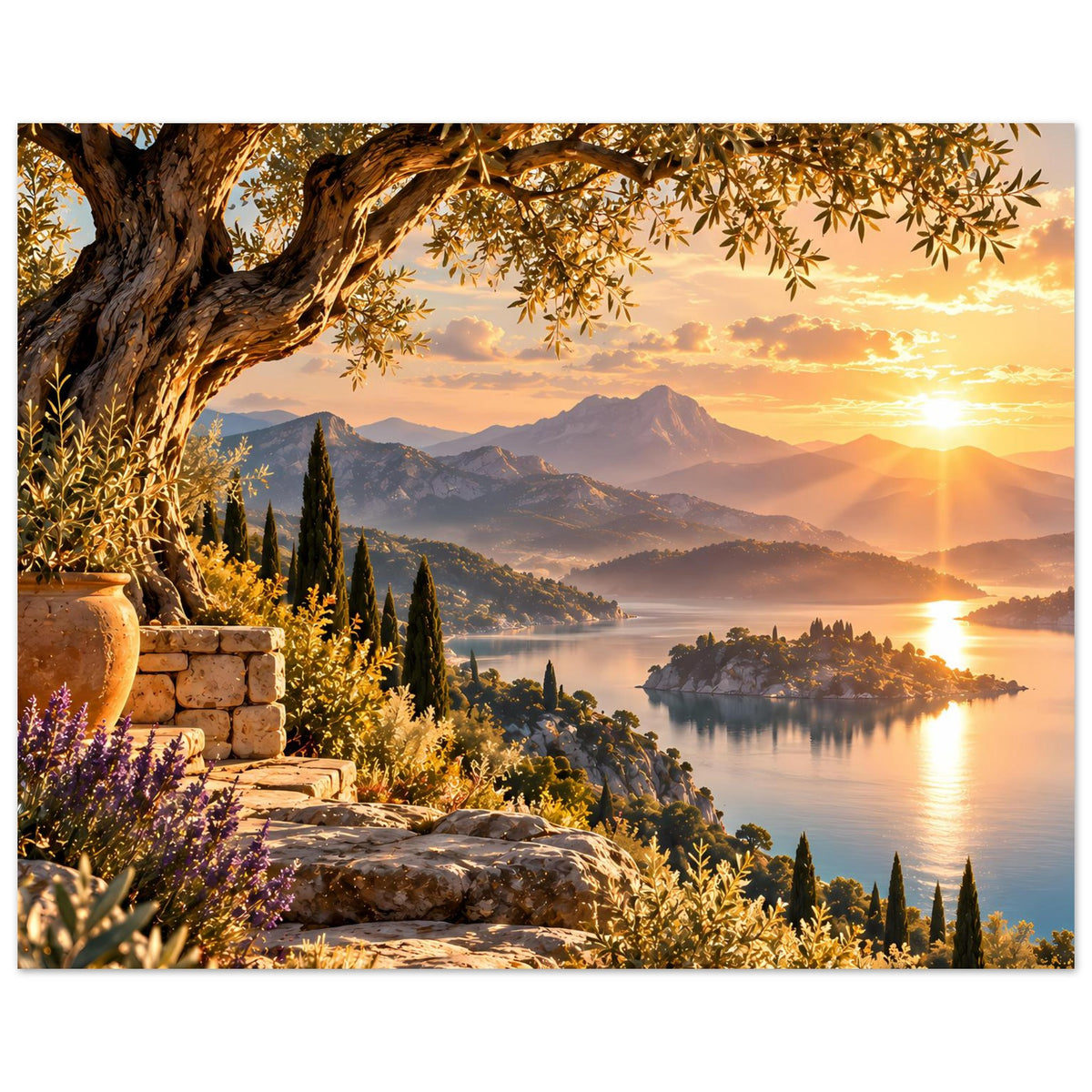 Landschafts-Poster im Querformat mit goldenem Sonnenuntergang, Seeufer und Felsweg im Vordergrund