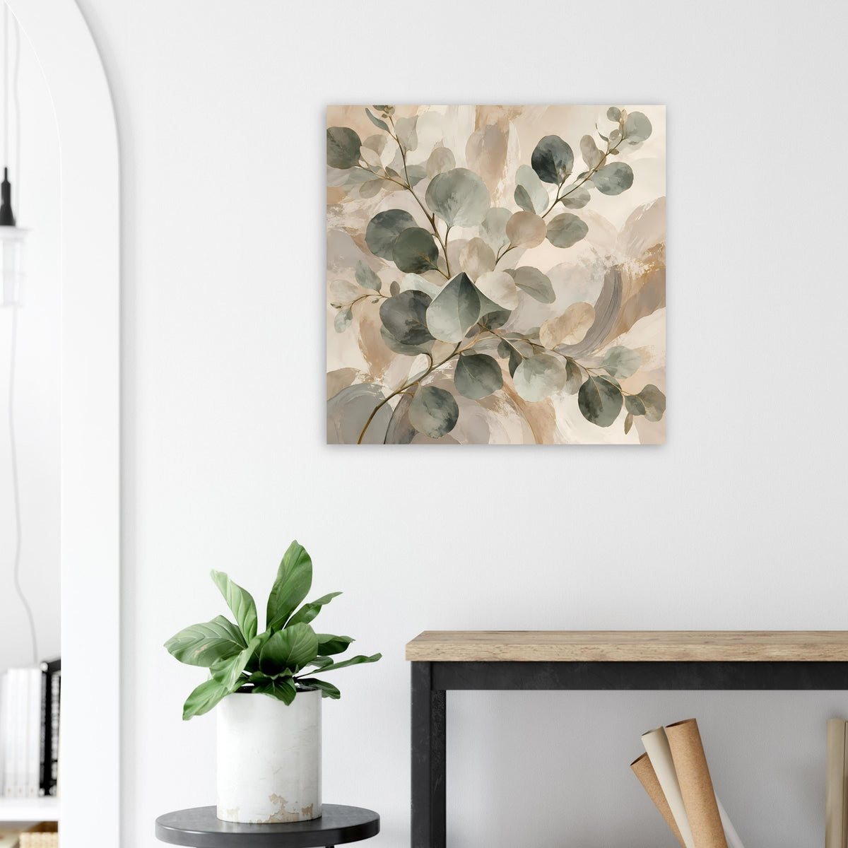 Quadratisches botanisches Aquarellposter mit Eukalyptuszweigen und Salbei- sowie Beige-Tönen