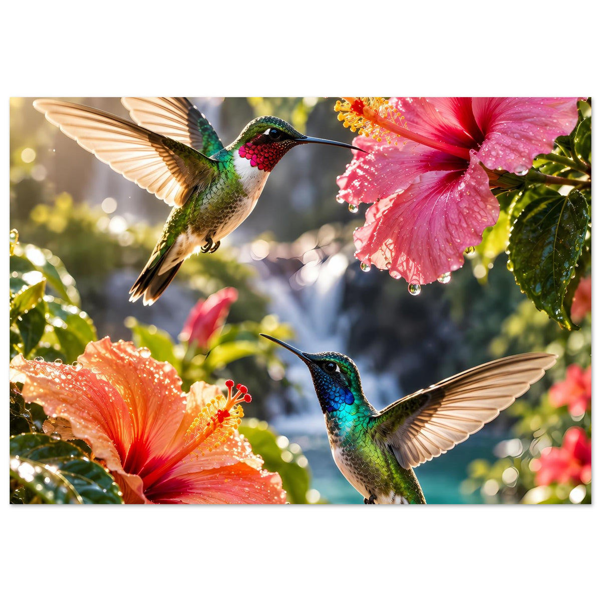Poster mit zwei Kolibris im Flug vor pinkem und orangefarbenem Hibiskus