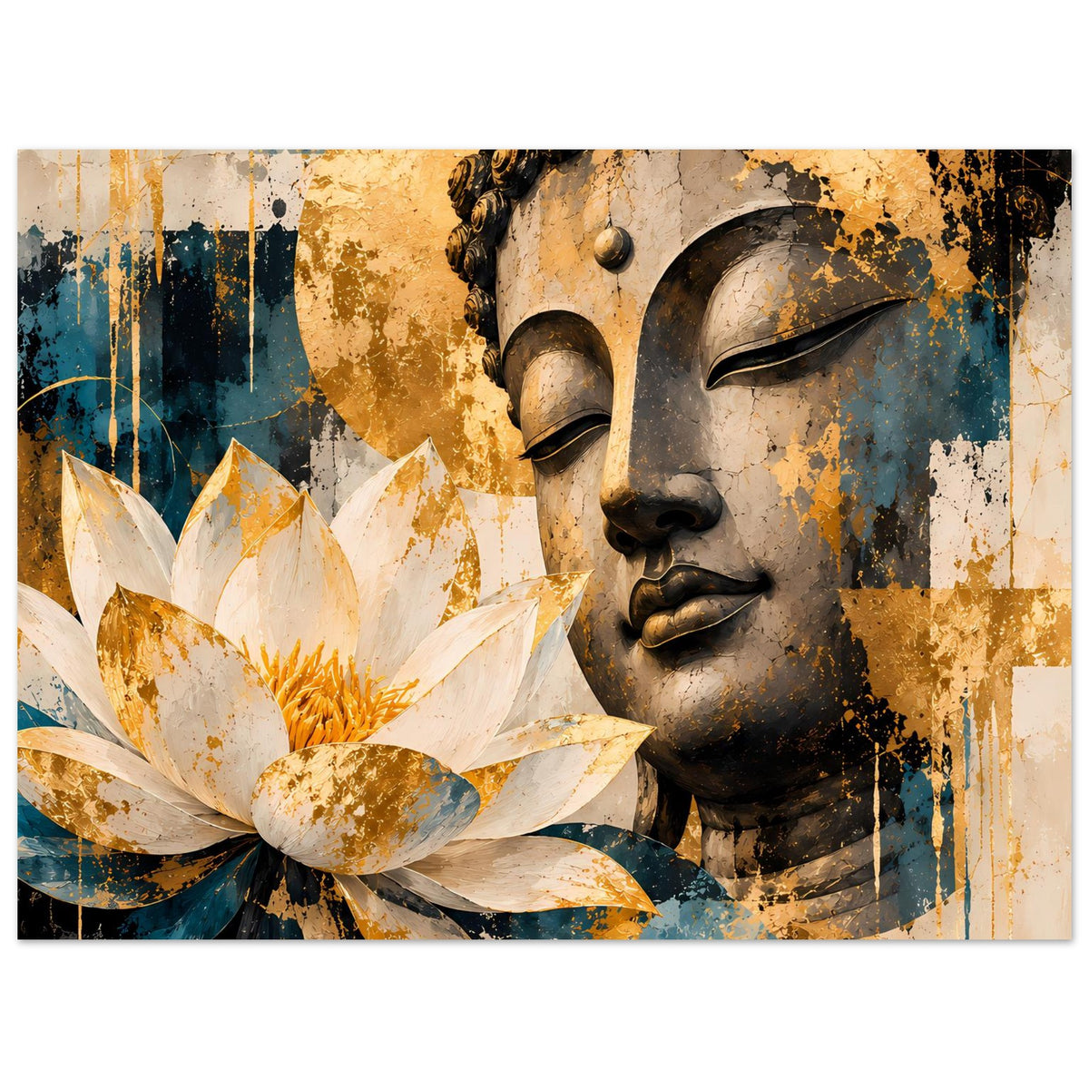 Querformat-Poster mit Buddha-Gesicht und Lotusblüte, weiß-goldene Blätter, Gold-Petrol-Sprenkel