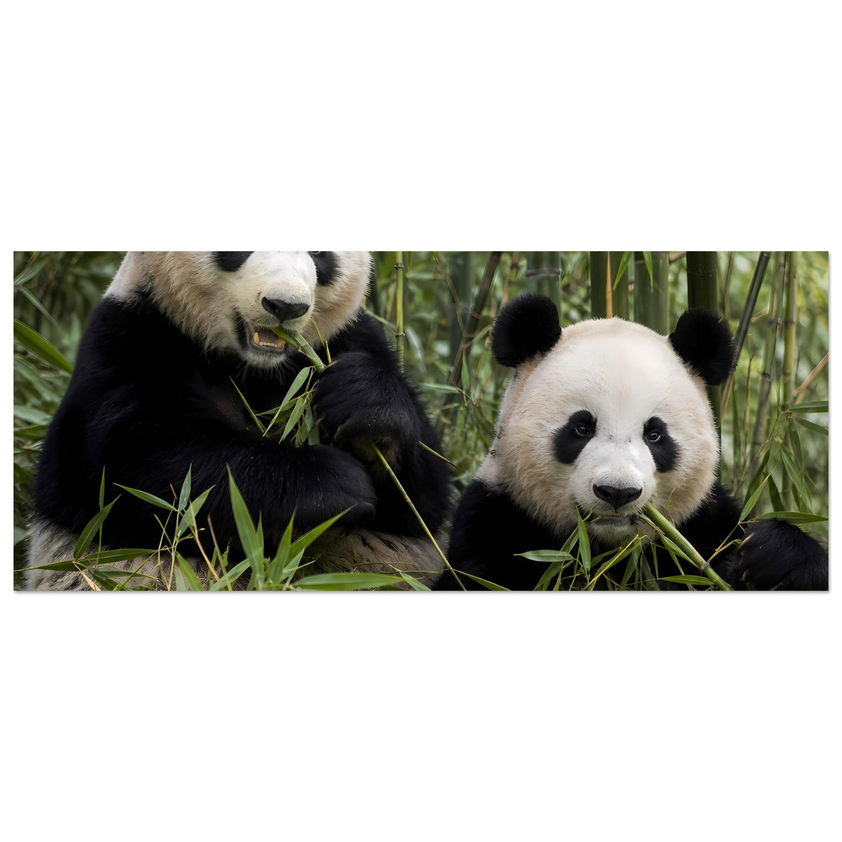 Panorama-Poster mit zwei Pandas im Bambus, Fokus auf Köpfe und Vorderpfoten