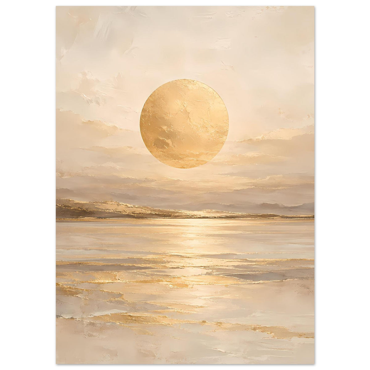 Kunstposter im Hochformat: goldener Sonnenkreis über Meer mit spiegelnden Lichtstreifen