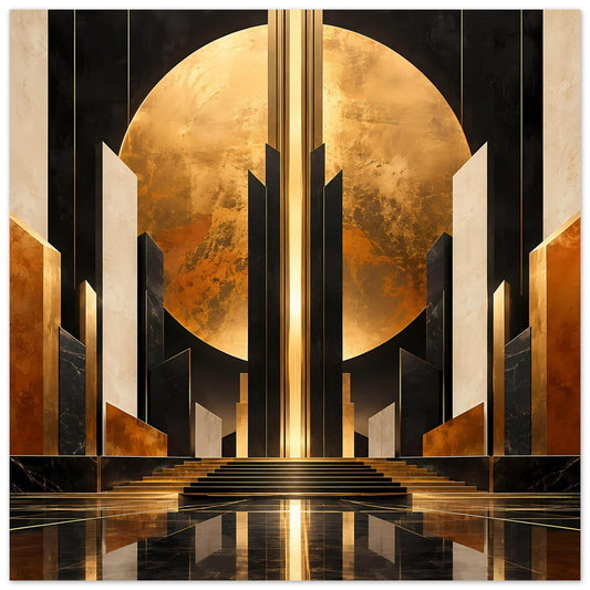 Art-Deco-Poster mit goldenem Kreis, schwarzen Säulen und Treppenreflexion, gerahmt