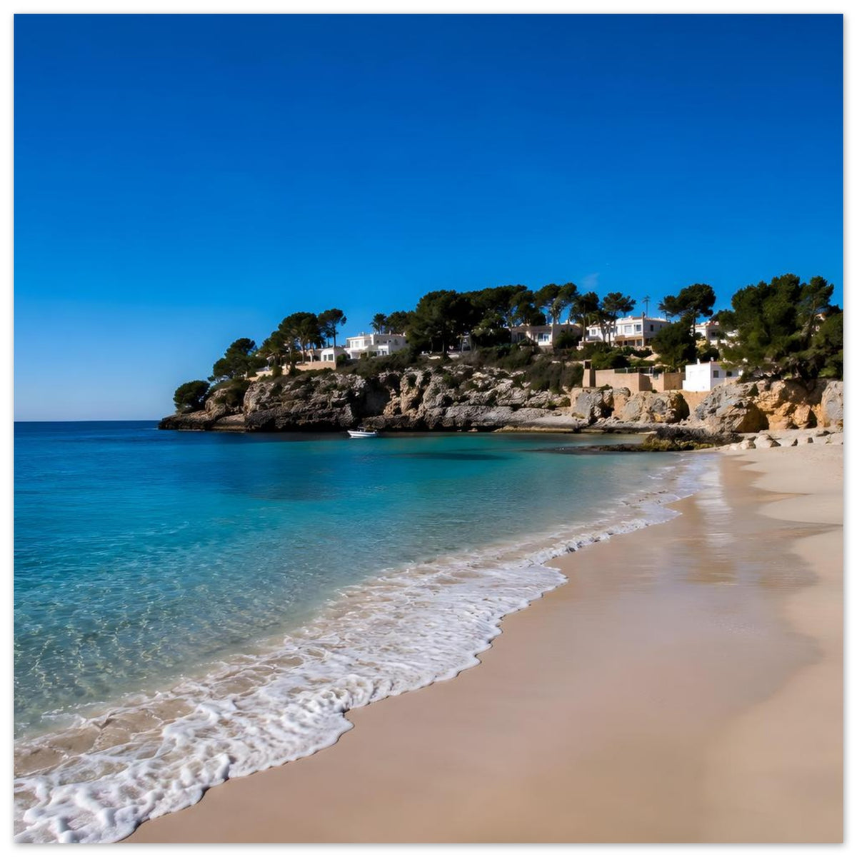 Poster im Hochformat mit türkisem Meer, Sandstrand, Felsen und weißen Häusern im Grünen