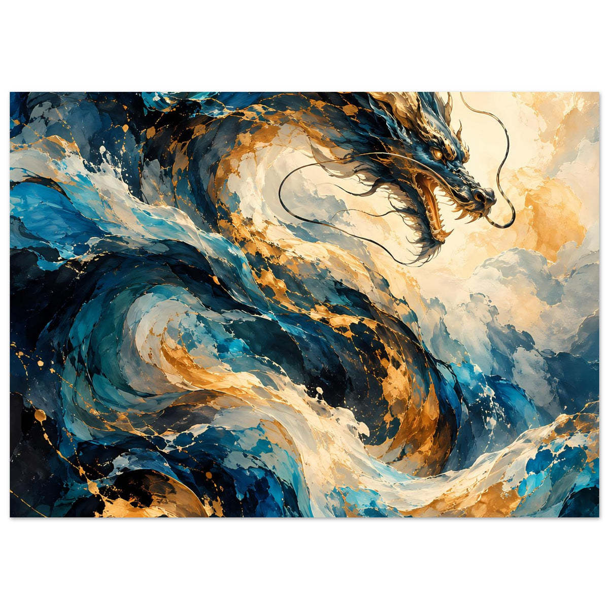 Fantasy-Poster: großer blauer Drachenrücken mit goldenen Akzenten und Energieeffekten