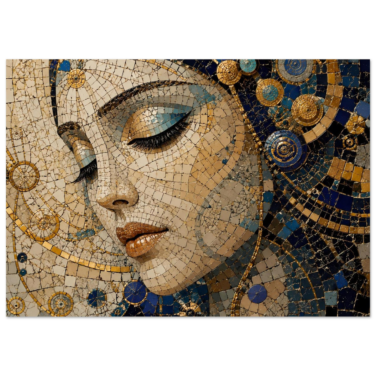 Poster mit Mosaik-Portrait: stilisierte Frauengesichtspartie in Blau, Gold und Creme