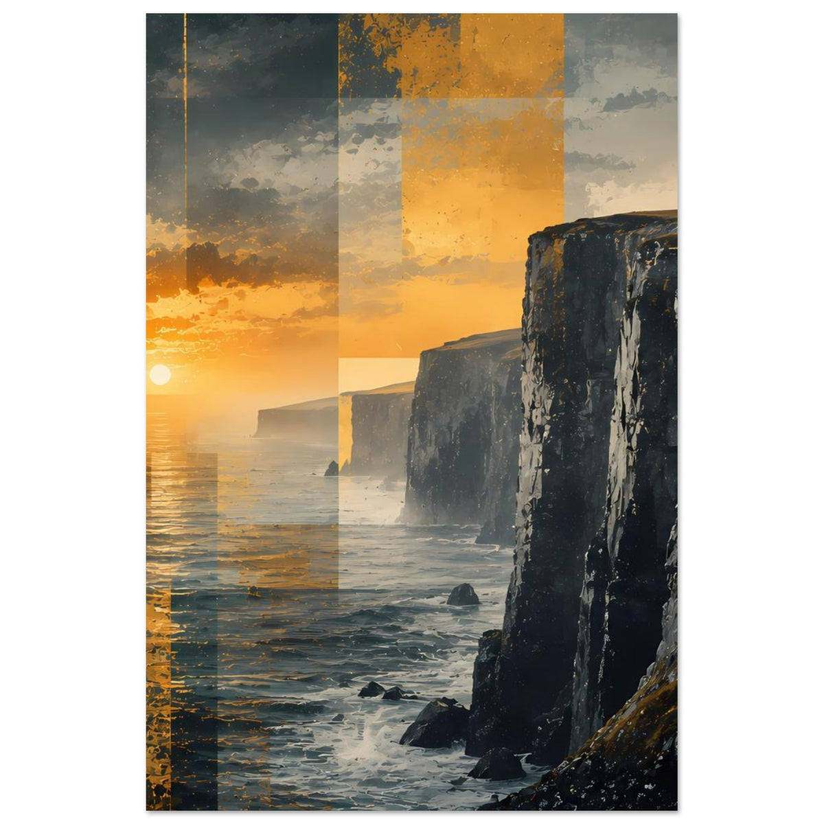 Poster mit Sonnenuntergang über dem Meer und Küstenklippen, hochkant im Rahmen
