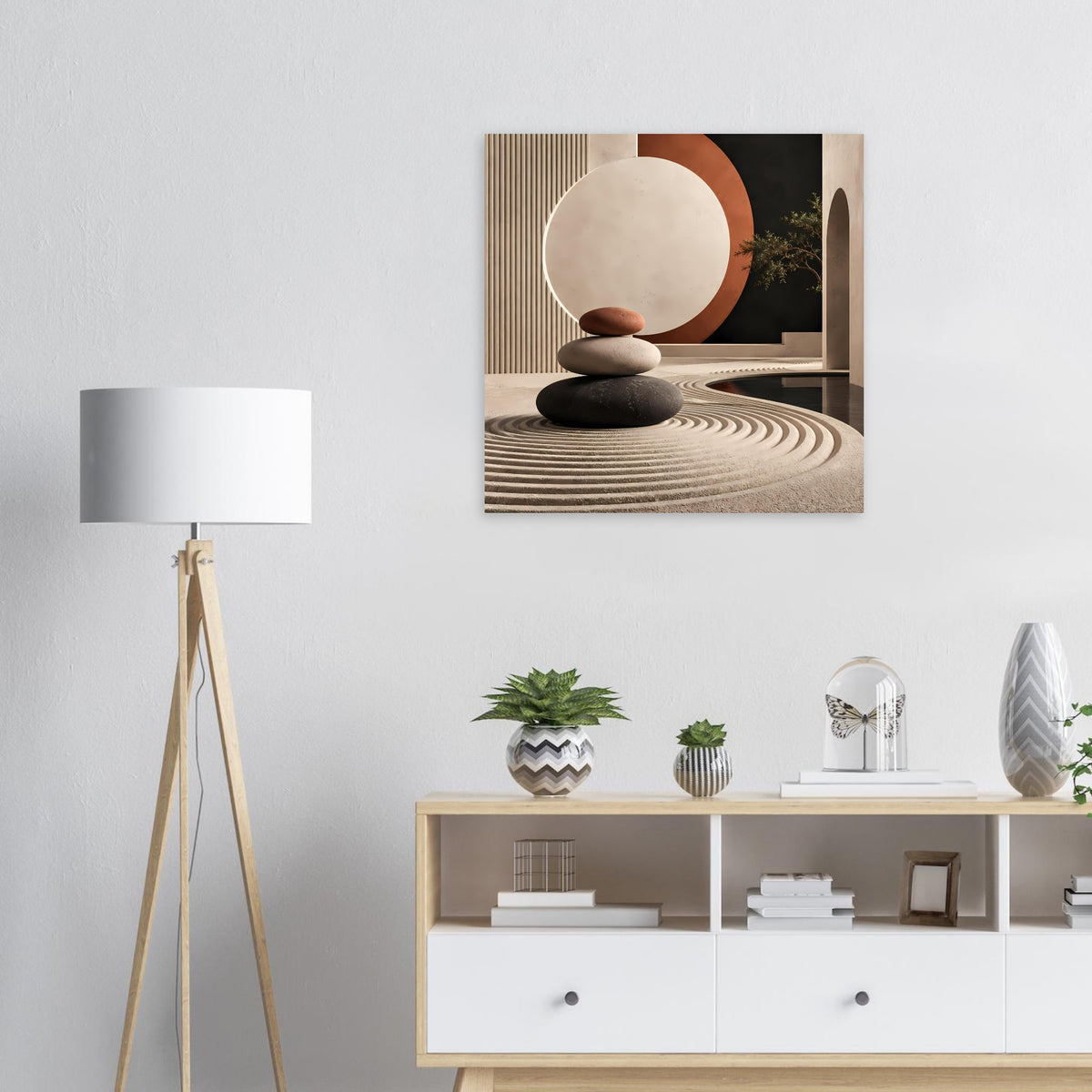 Quadratisches Kunstposter mit rundem Kreis in Creme und Terrakotta, Steinstapel und Wellenlinien