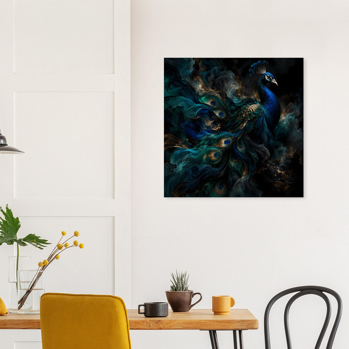 Quadratisches Poster mit Pfau-Federstruktur in Blaugrün und Goldtönen
