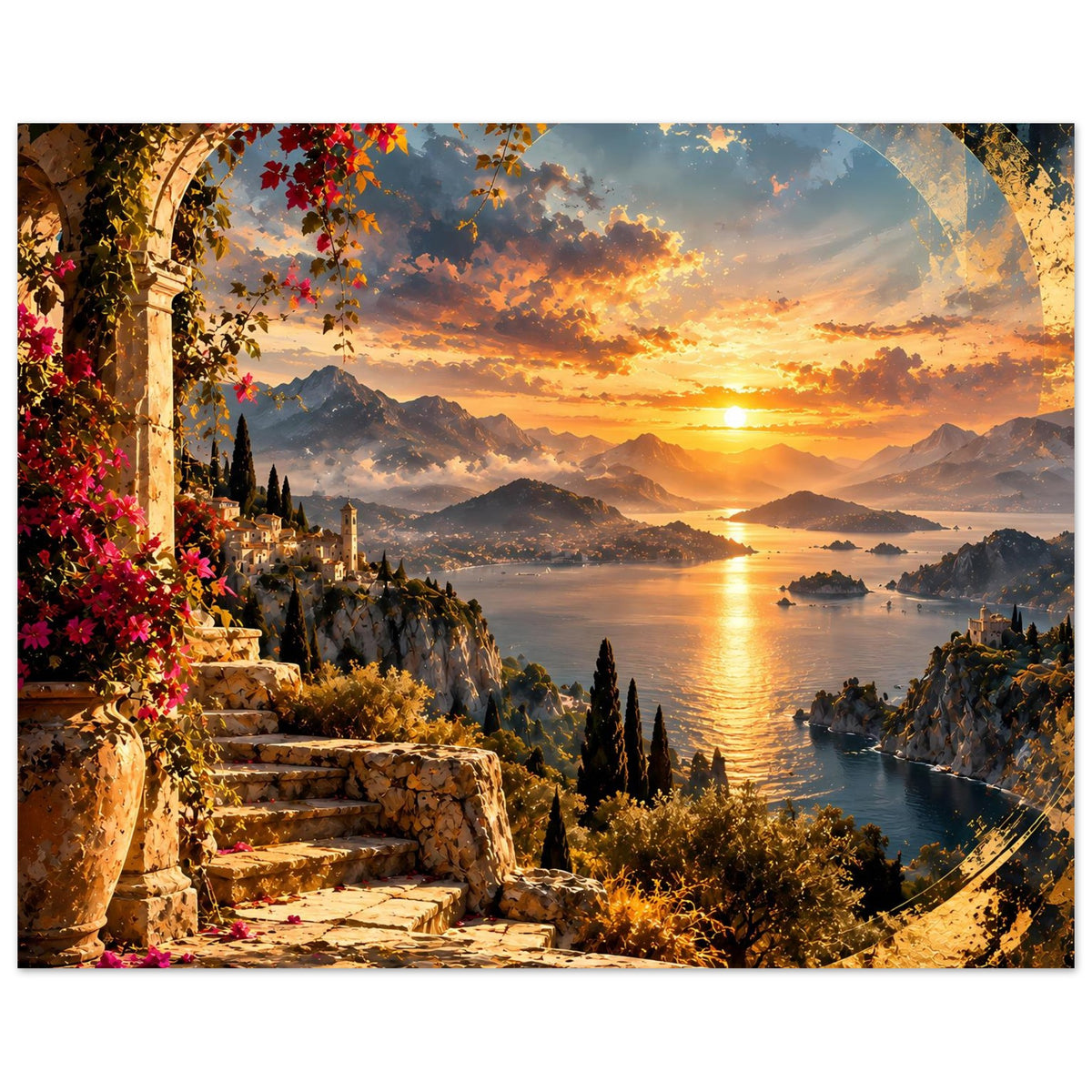 Küstenposter: Sonnenball am Horizont, goldenes Wasser, Berge und felsiges Ufer mit Boot