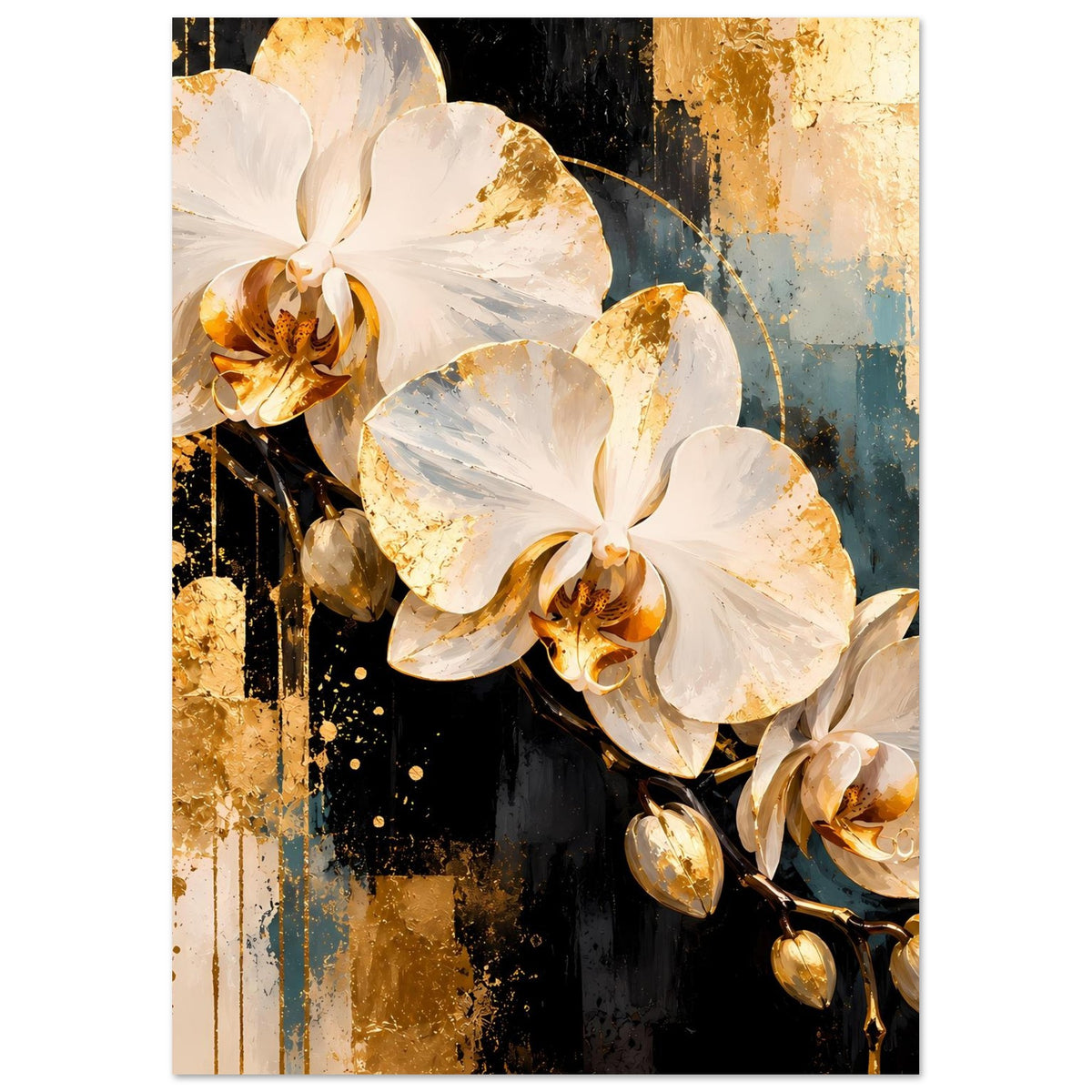 Poster mit weißen Orchideenblüten und goldenen Akzenten, Fokus auf die mittlere Blüte