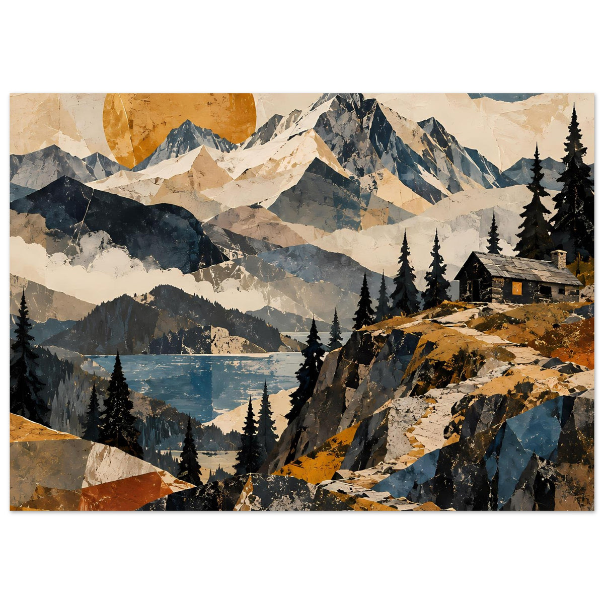 Naturposter mit Gebirgskette, blauem See, Fichten und Berghütte auf felsigem Hang